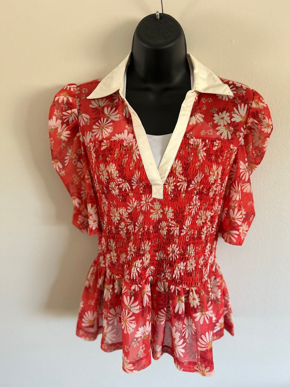 Maeve Floral Smocked Puff Sleeve Peplum Blouse Small